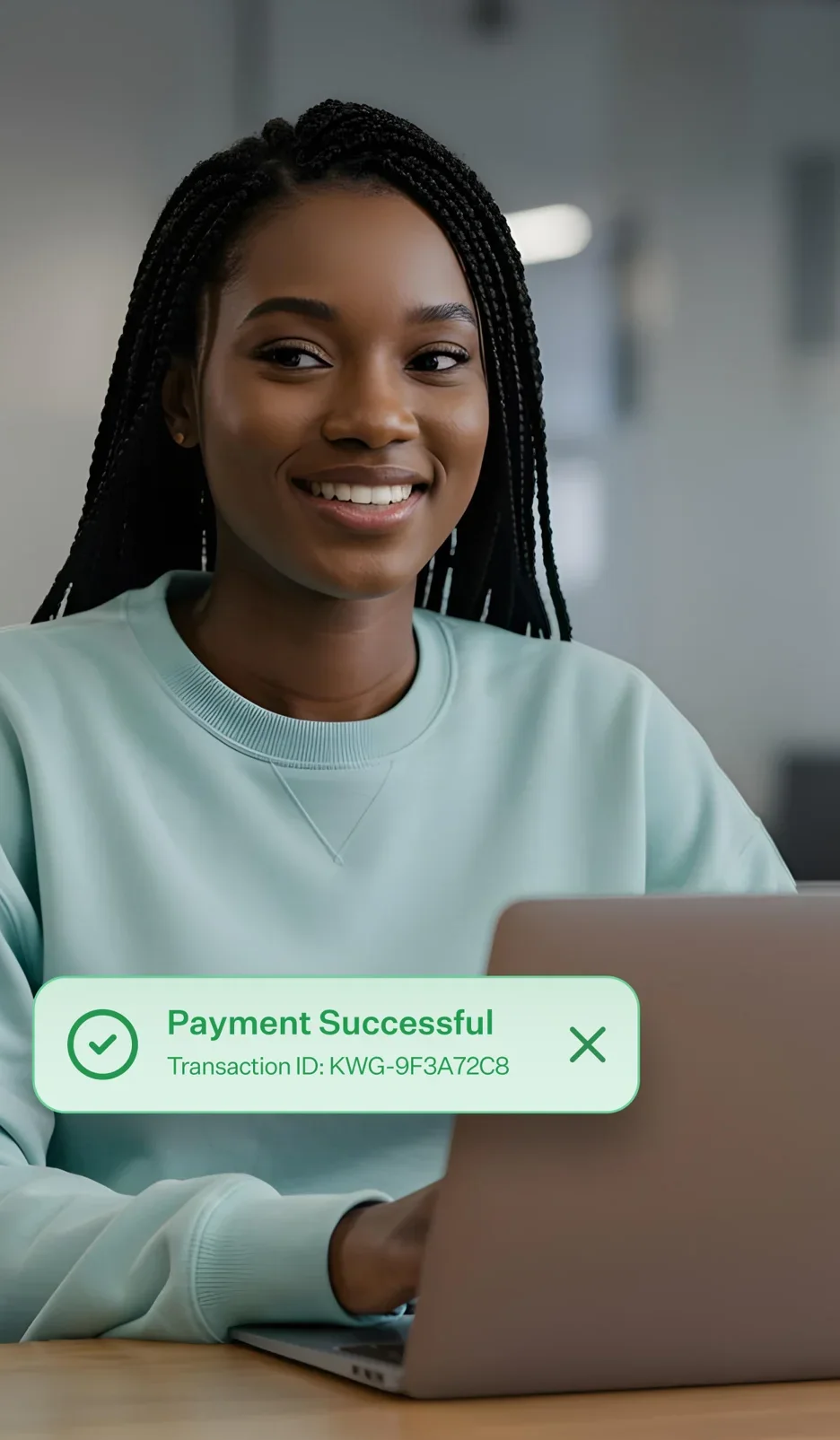 A business owner smiling at her laptop after a successful payment